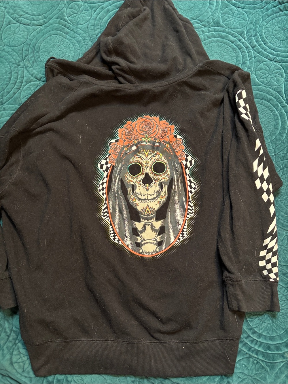 Black Graphic Skull Hoodie with Rose Crown